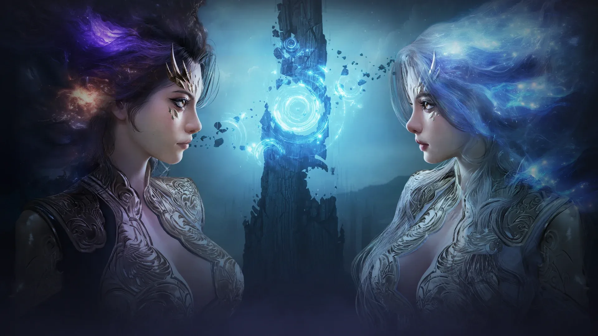 Official AION 2 key visual showing Elyos and Asmodian faces beside the shattered Aion Tower